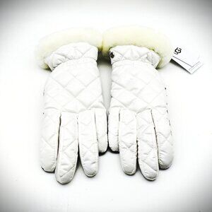 UGG Genuine Dyed Shearling Trim Tech Gloves in White/Black Size L/XL